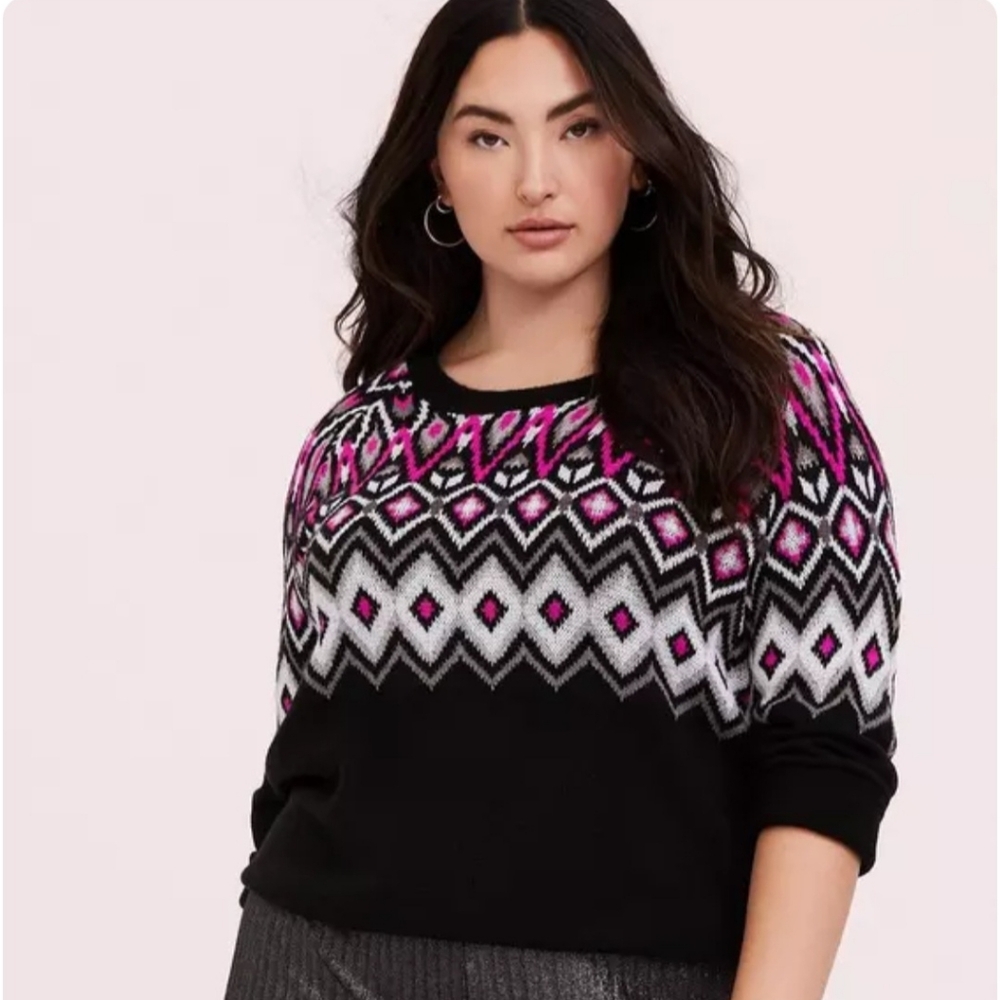 EUC Torrid Black and Hot Pink Fair Isle Sweater sz 1x